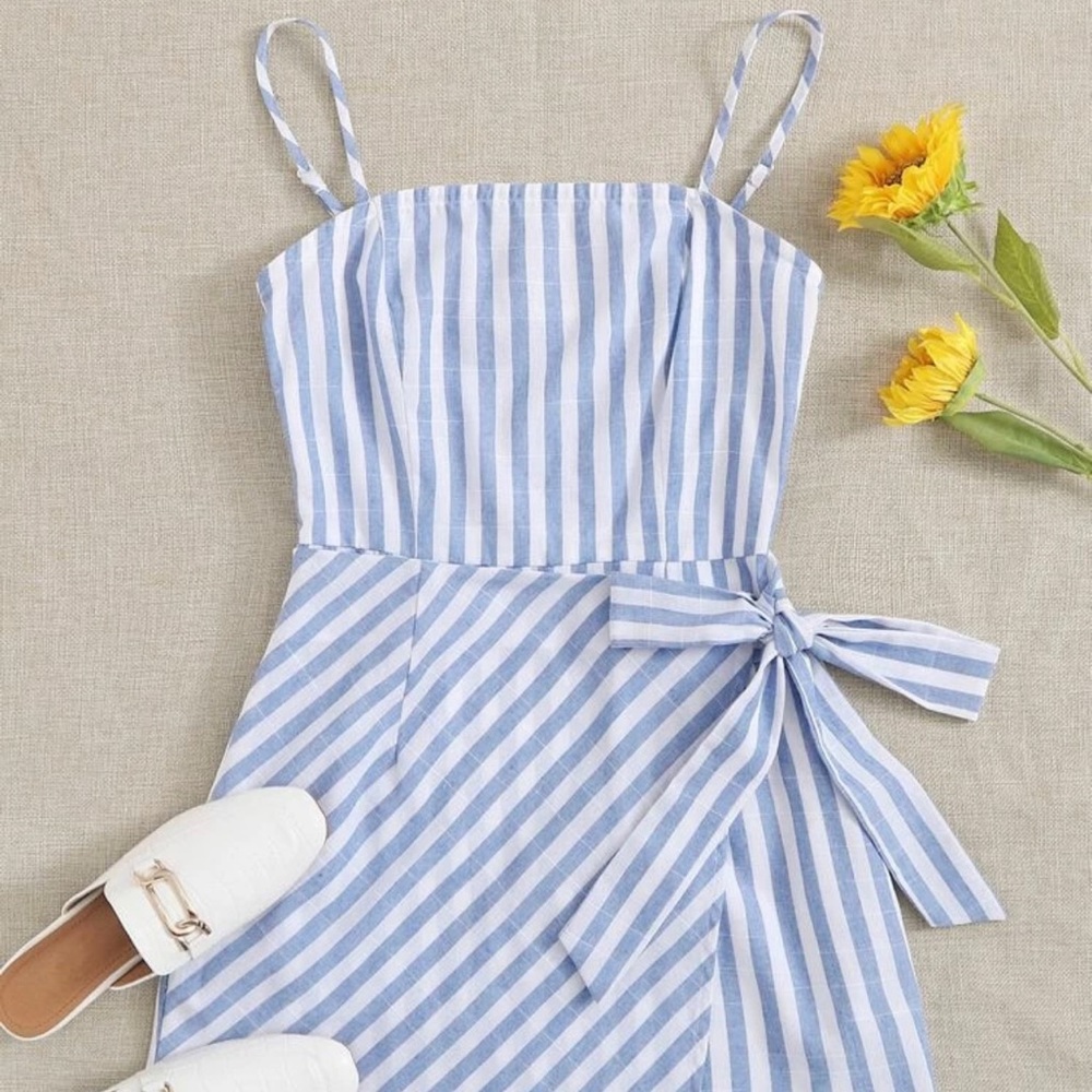blue and white striped dress
